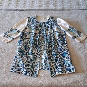 Chico's Linen Blue and White Patterned Jacket